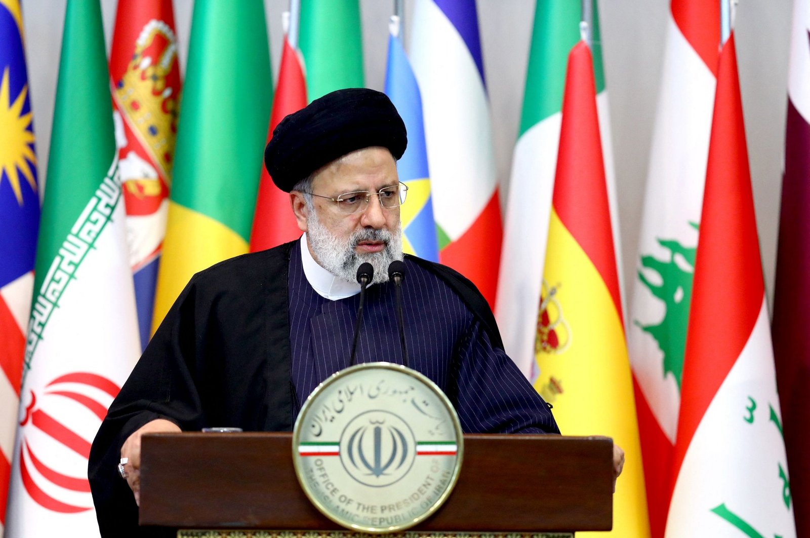 A handout picture provided by Iran&#039;s Presidency shows Iranian President Ebrahim Raisi speaking at the Tehran International Conference on Palestine in the capital Tehran, Iran, Dec. 23, 2023. (AFP Photo)