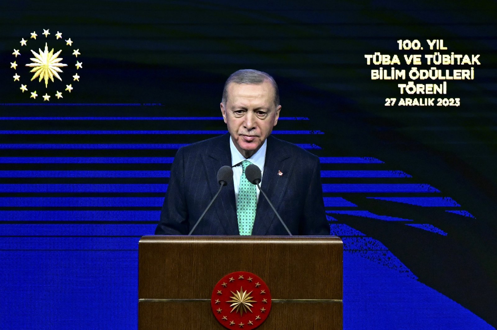 President Recep Tayyip Erdoğan speaks at the TÜBA and TÜBITAK Science Awards Ceremony at Beştepe Nation Congress and Culture Center, Ankara, Türkiye, Dec. 27, 2023. (AA Photo)