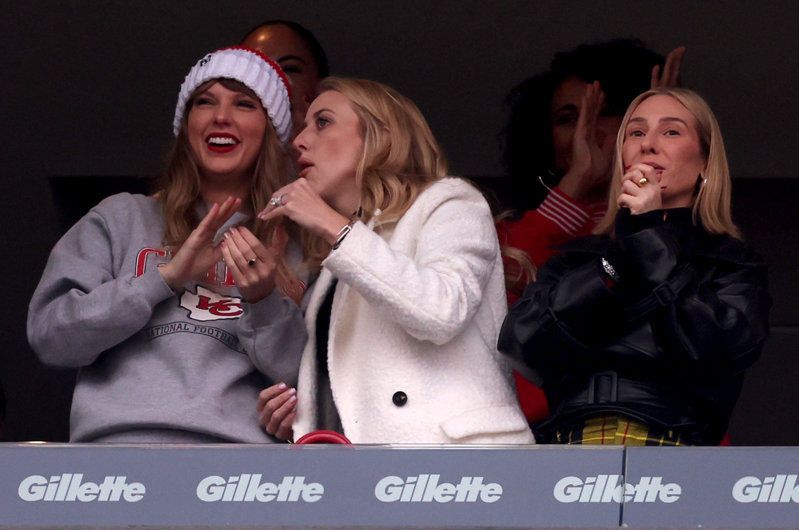 (L-R) Taylor Swift, Brittany Mahomes and Ashley Avignone cheer after a Kansas City Chiefs touchdown during the second quarter against the New England Patriots, Gillette Stadium, Foxborough, Massachusetts, U.S., Dec. 17, 2023. (Getty Images Photo)