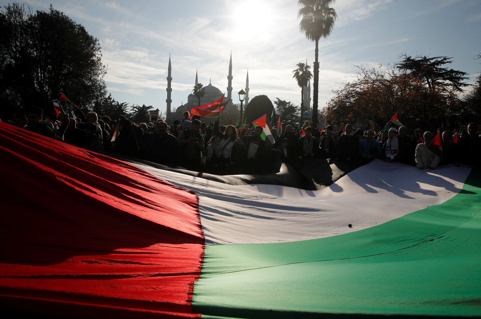 People take part in a rally in solidarity with Palestinians in the Gaza Strip, amid the ongoing conflict between Israel and Palestine, on the occasion of Human Rights Day, in Istanbul, Türkiye, Dec. 10, 2023. (Reuters Photo)