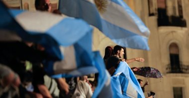 Dozens of people participate in a demonstration against the economic measures announced by Argentina&#039;s President Javier Milei, in front of the National Congress in Buenos Aires, Argentina, Dec. 20, 2023. (EPA Photo)