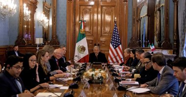 Mexican President Andres Manuel Lopez Obrador (C), U.S. Secretary of State Antony Blinken and Mexico&#039;s Secretary of Foreign Affairs Alicia Barcena during a working meeting at the National Palace in Mexico City, Mexico, Dec. 27, 2023. (Presidency of Mexico via EPA)