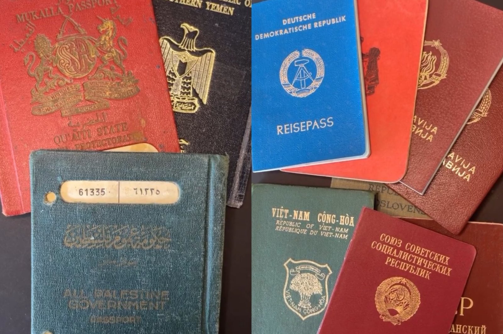 An array of old passports of many nations, including Vietnam, Palestine and Germany, sits on display at Ross Nochimson&#039;s residence in New Jersey, U.S., Dec. 28, 2023. (Photo courtesy of Ross Nochimson)