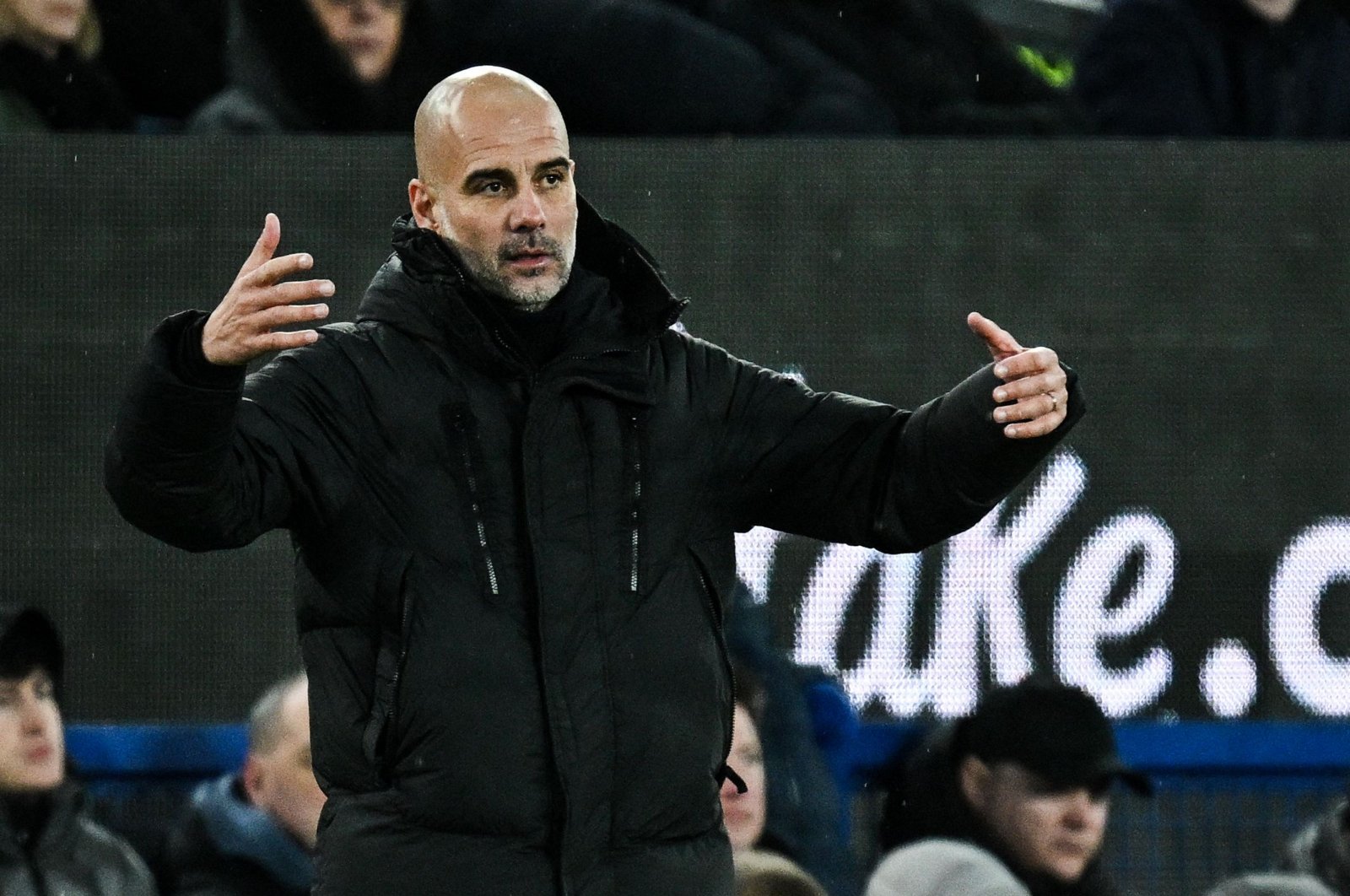 Manchester City&#039;s Spanish manager Pep Guardiola reacts during the English Premier League football match between Everton and Manchester City at Goodison Park, Liverpool, U.K., Dec. 27, 2023. (AFP Photo)