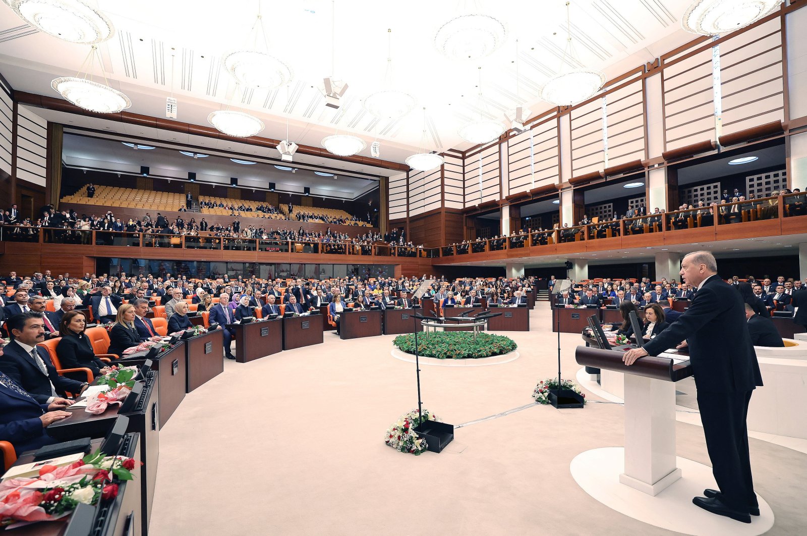 President Recep Tayyip Erdoğan addresses members of Parliament as he attends its reopening after the summer recess in Ankara, Türkiye, Oct. 1, 2023. (Reuters Photo)