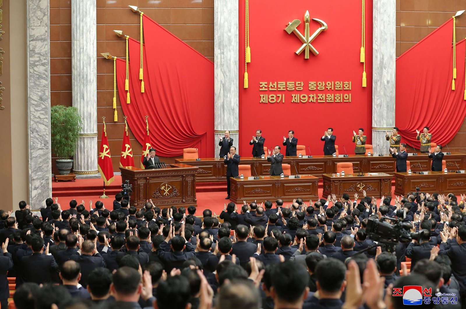 This picture taken on Dec. 27, 2023 and released by North Korea&#039;s official Korean Central News Agency (KCNA) on Dec. 28, 2023 shows North Korean leader Kim Jong Un (L) attending the second day of the 9th plenary meeting of the 8th Central Committee of the Workers&#039; Party of Korea (WPK) at the office building of the WPK Central Committee in Pyongyang. (Photo by KCNA VIA KNS / AFP)