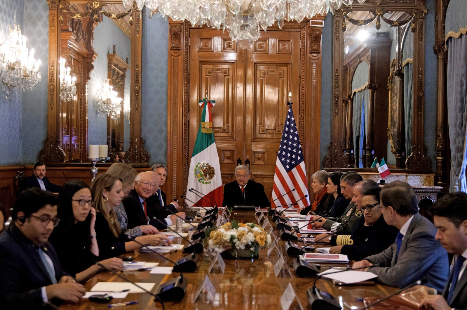 Mexican President Andres Manuel Lopez Obrador (C), U.S. Secretary of State Antony Blinken and Mexico&#039;s Secretary of Foreign Affairs Alicia Barcena during a working meeting at the National Palace in Mexico City, Mexico, Dec. 27, 2023. (Presidency of Mexico via EPA)