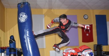 Turkish kickboxing champion Ali Pusat Doğan training, Malatya, Türkiye, Nov. 11, 2023. (AA Photo)