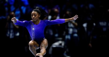 Simone Biles of the U.S. competes in the Women's Balance Beam Apparatus Final on Day 9 of the 2023 Artistic Gymnastics World Championships, Antwerp, Belgium, Oct. 8, 2023. (Getty Images Photo)