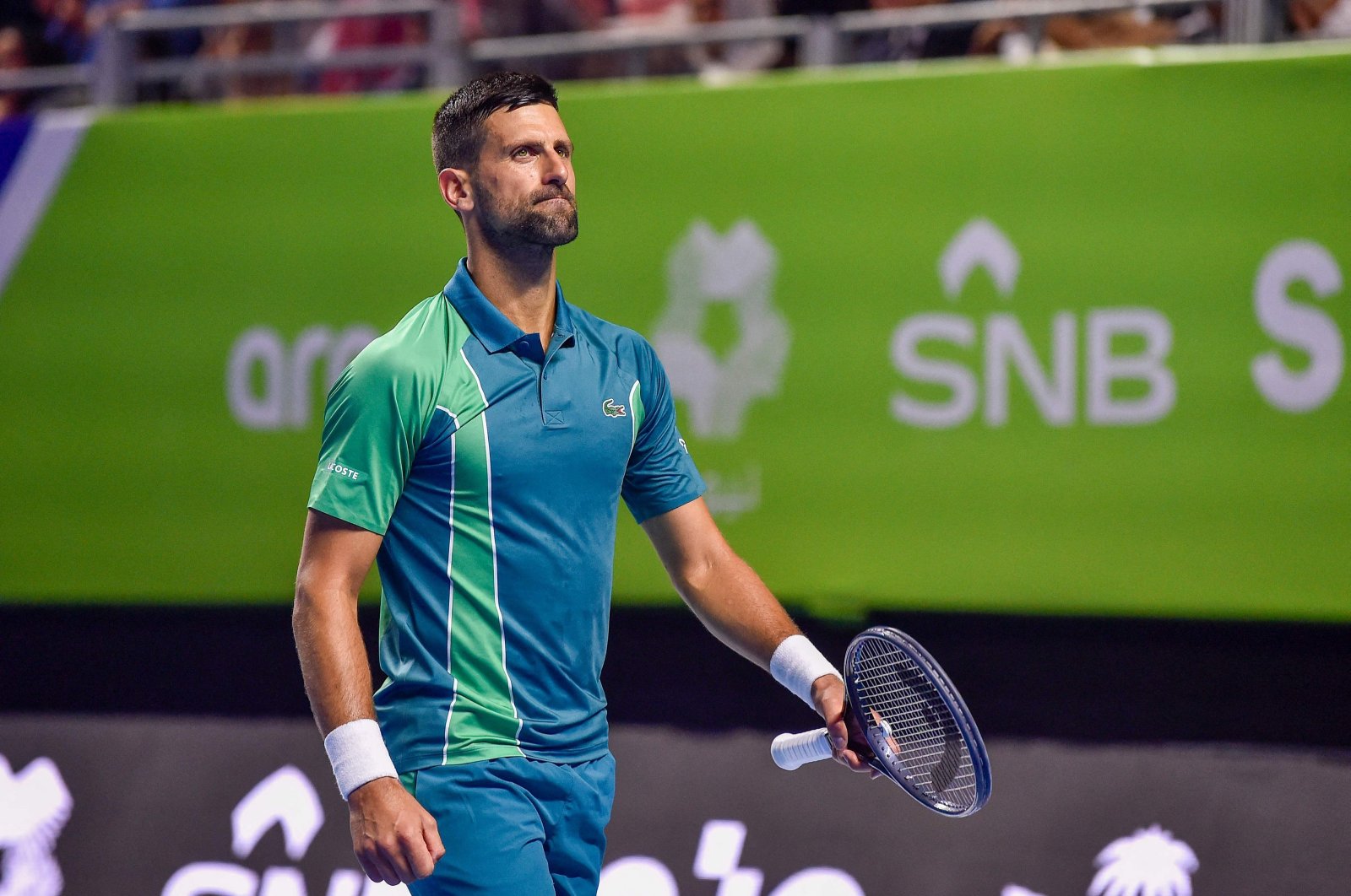 Serbia&#039;s Novak Djokovic reacts during the Riyadh Season Tennis Cup exhibition tournament match in the capital Riyadh, Saudi Arabia, Dec. 27, 2023. (AFP Photo)