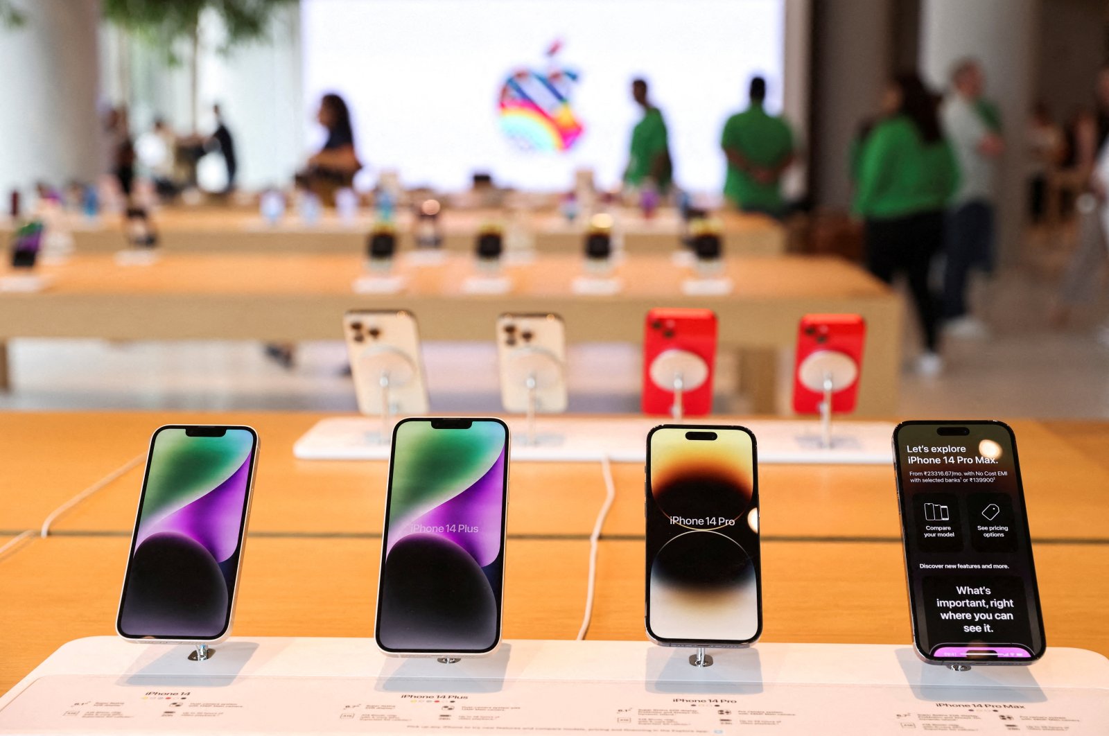 Apple iPhones are seen inside India&amp;#039;s first Apple-owned retail store, in Mumbai, India, April 17, 2023. (Reuters Photo)