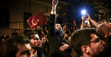 Demonstrators denounce far-right politician Rasmus Paludan after he burned a copy of the Holy Quran in front of the Turkish Embassy in Stockholm during a protest outside the Swedish Consulate-General, Istanbul, Türkiye, Jan. 22, 2023. (EPA Photo) 