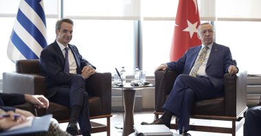 President Recep Tayyip Erdoğan meets with Greek Prime Minister Kyriakos Mitsotakis (L) in the sidelines of the United Nations General Assembly in New York, U.S., Sept. 20, 2023. (AP Photo)