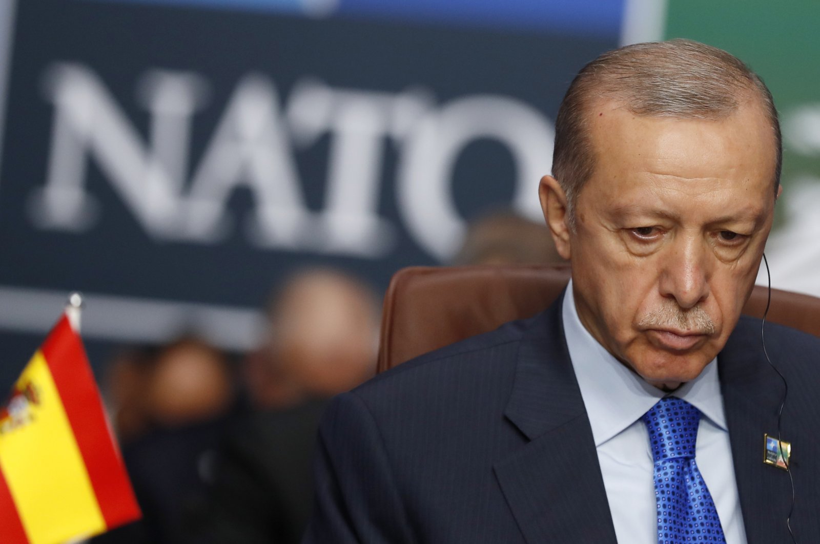 President Recep Tayyip Erdoğan waits for the start of a round table meeting of the North Atlantic Council during a NATO summit in Vilnius, Lithuania, July 11, 2023. (AP Photo)
