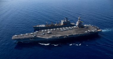 USS Gerald R. Ford cruises alongside the USNS Laramie (T-AO-203) during a fueling-at-sea in the Eastern Mediterranean, Oct. 14, 2023. (U.S Naval Forces Central Command / U.S. 6th Fleet / Handout via Reuters)