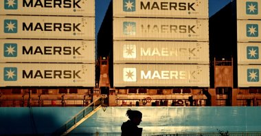 Containers of Danish shipping and logistics company Maersk are seen in Copenhagen, Denmark, Sept. 14, 2023. (AFP Photo)