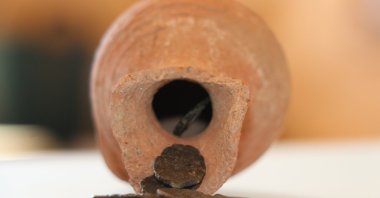 The 1,400-year-old coins unearthed in the ancient city of Hadrianopolis, Karabük, Türkiye, Jan. 2, 2024. (AA Photo)