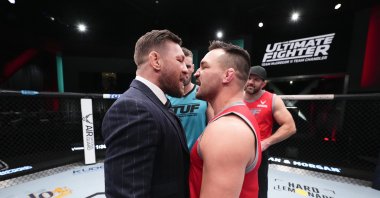 Conor McGregor (L) and Michael Chandler face off during the filming of The Ultimate Fighter at UFC APEX, Las Vegas, Nevada, U.S., March 3, 2023. (Getty Images Photo)