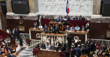 Far-right National Rally&#039;s Jose Gonzalez (Top C), the oldest parliament member, chairs the National Assembly as parliament members vote to elect the house speaker, in Paris, France, June 28, 2022. (AP Photo)