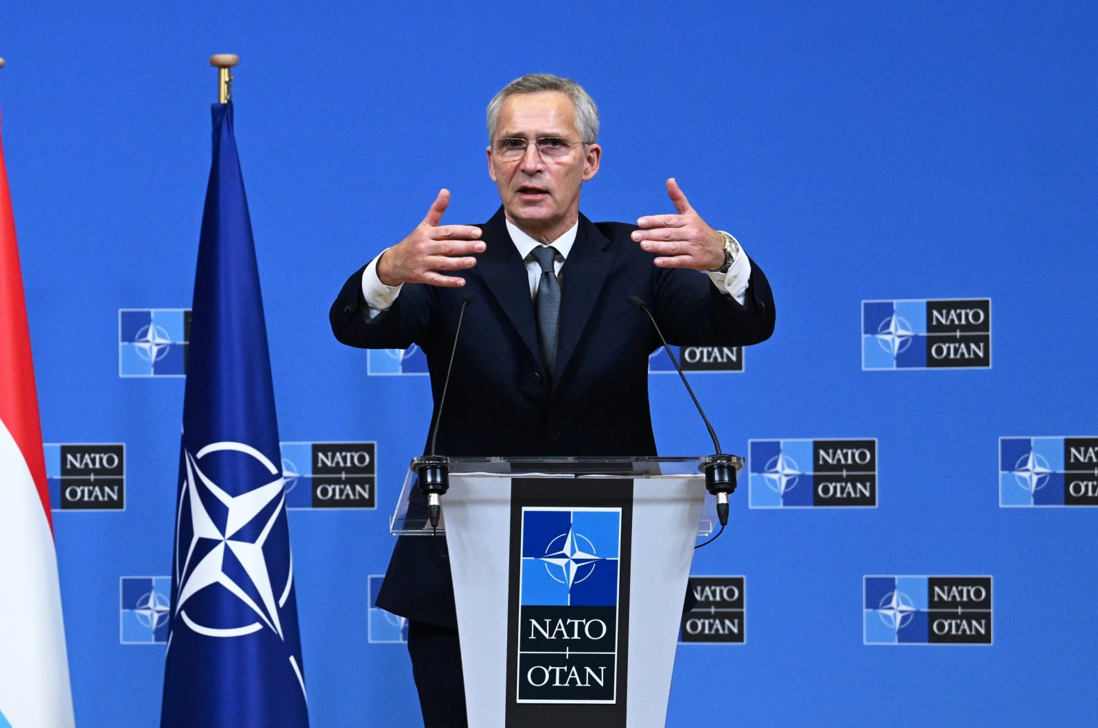 NATO Secretary-General Jens Stoltenberg speaks at a news conference with Prime Minister of Luxembourg Luc Frieden at the NATO headquarters in Brussels, Belgium, Dec. 7, 2023. (AA Photo)