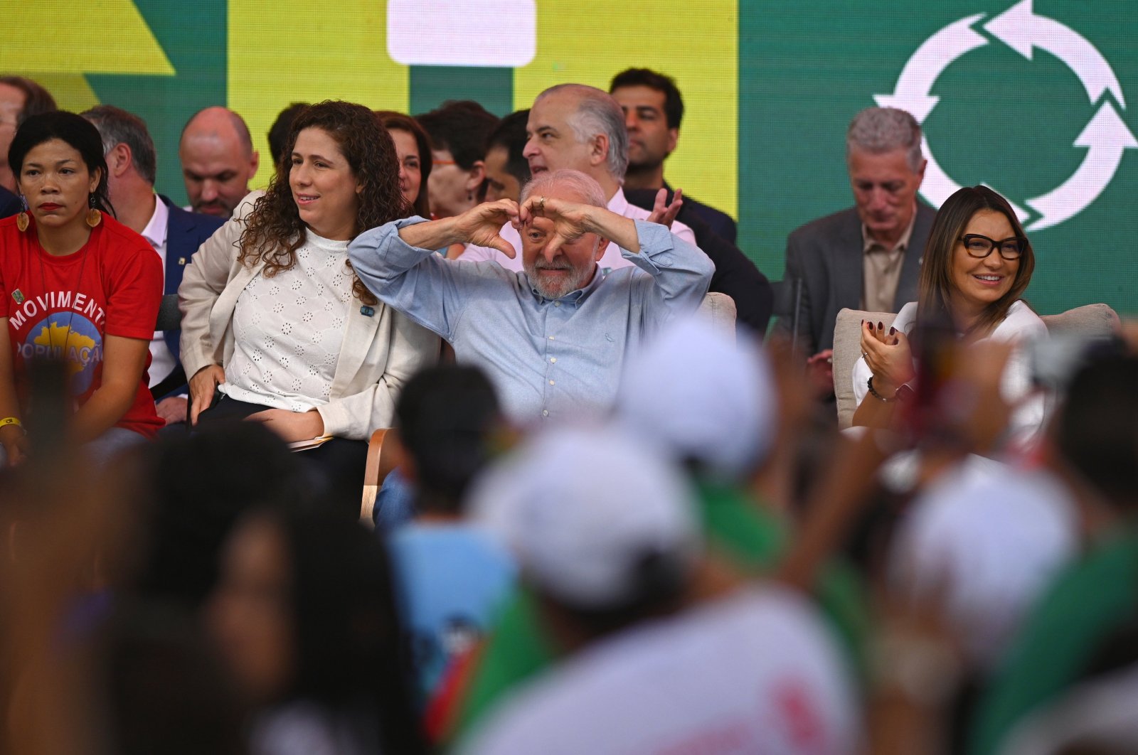 Brazil&#039;s President Luiz Inacio Lula da Silva (C) gestures during the Christmas celebration of recyclers and homeless people at the recycling cooperative fair at the Mane Garrincha Stadium, in Brasilia, Brazil, Dec. 22, 2023. (EPA Photo)