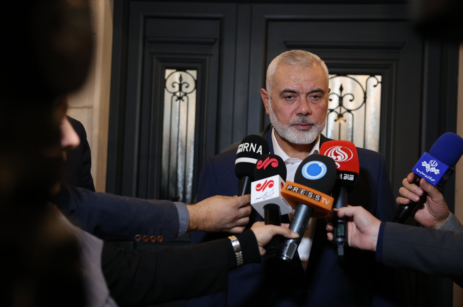 Hamas leader Ismail Haniyeh speaking to media in Doha, Qatar, Dec. 20, 2023. (Iranian Foreign Ministry Handout via EPA)