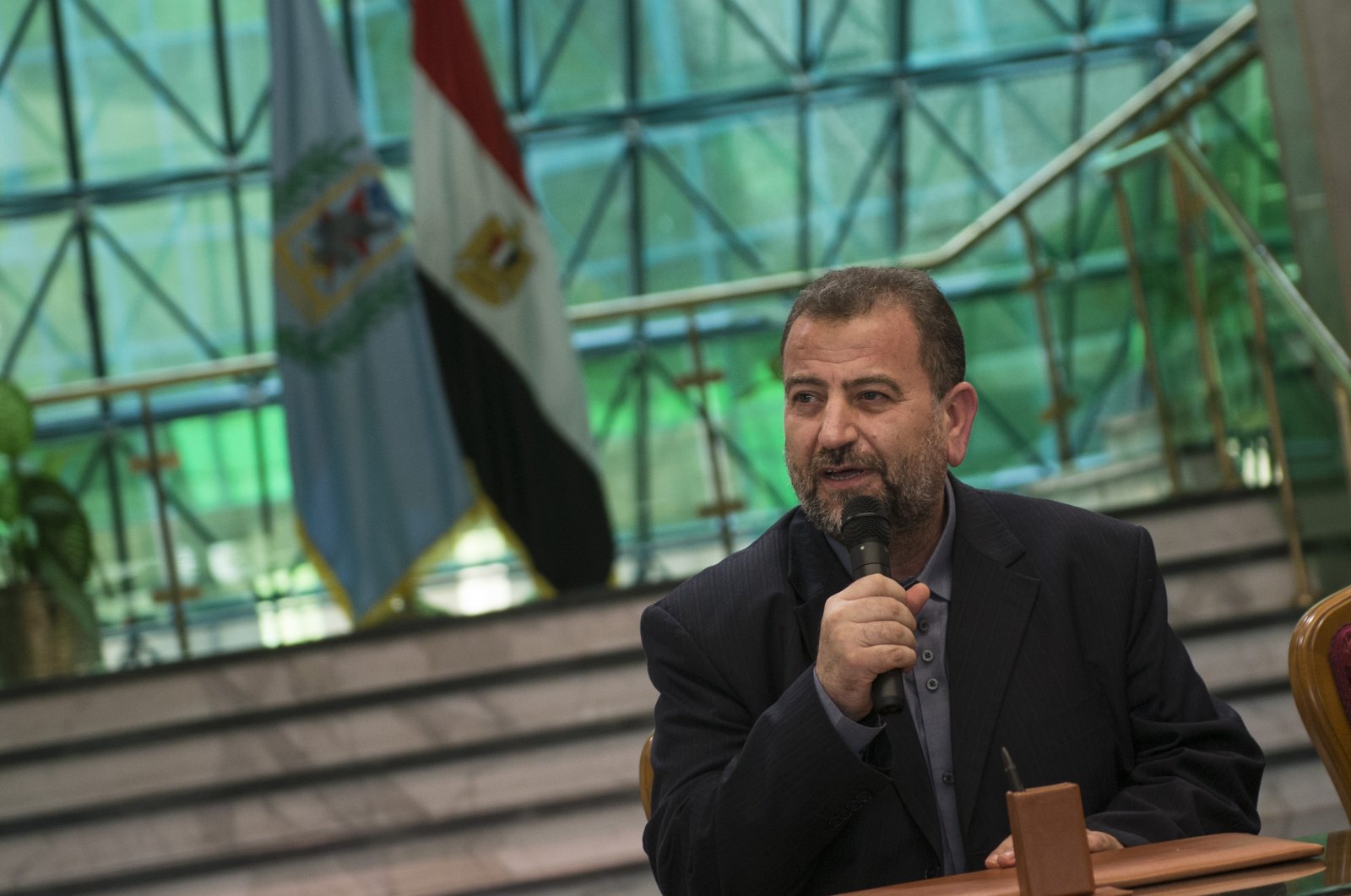  Hamas deputy head of the politburo Saleh al-Aruri speaks during a signing ceremony of an agreement between Fatah and Hamas, in Cairo, Egypt, Oct. 2, 2017. (EPA File Photo)