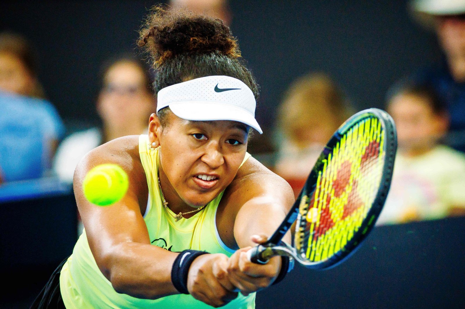 Japan&#039;s Naomi Osaka hits a return during her women&#039;s singles match against Karolina Pliskova of the Czech Republic at the Brisbane International tennis tournament, Brisbane, Australia, Jan. 3, 2024. (AFP Photo)