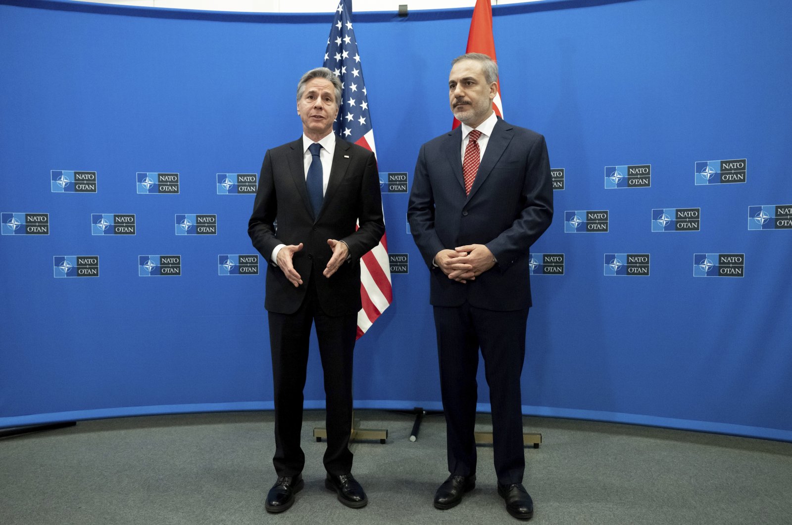 U.S. Secretary of State, Antony Blinken, left and Foreign Minister Hakan Fidan, right, speak to the media before their meeting on the sidelines of the Nato Foreign Ministers meeting in Brussels, Belgium, Tuesday, Nov. 27, 2023. (AP File Photo)