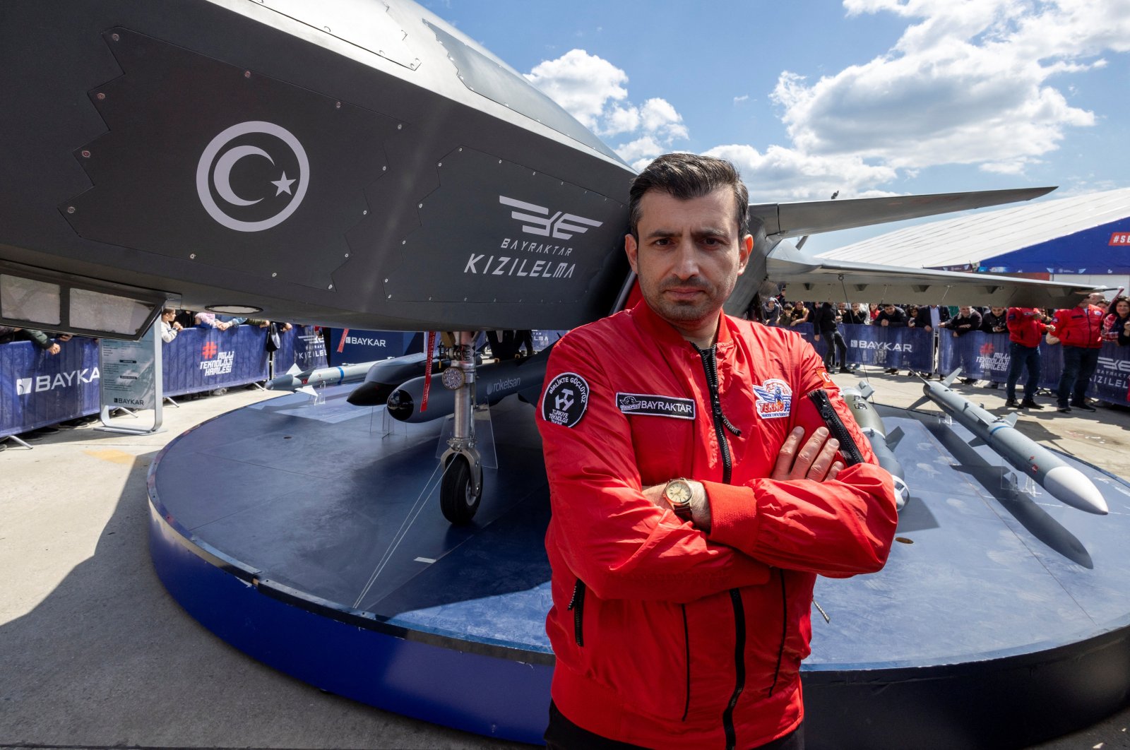 Selçuk Bayraktar, Chief Technology Officer (CTO) of Türkiye’s drone magnate Baykar, poses in front of a Kızılelma, the company&#039;s newest 15-meter jet powered ground attack drone, after an interview with Reuters at Teknofest airshow in Istanbul, Türkiye, April 28, 2023. (Reuters Photo)