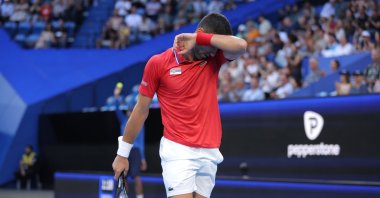 Serbia's Novak Djokovic in action against Australia's Alex De Minaur during their quarterfinal match of the 2024 United Cup at RAC Arena, Perth, Australia, Jan. 3, 2024. (EPA Photo)