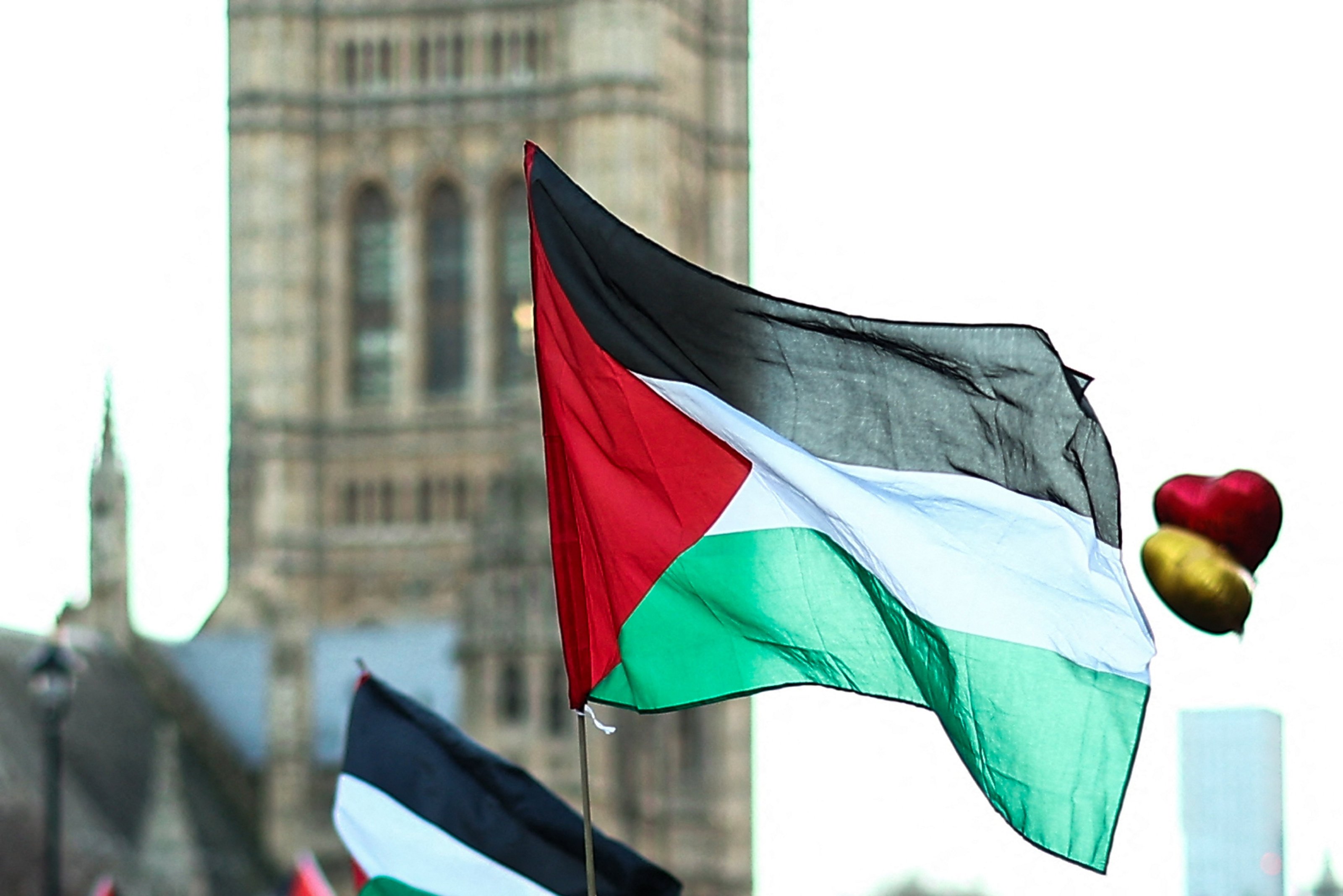 A Palestinian flag is pictured during a National March for Palestine in central London, U.K., Dec. 9, 2023, (AFP Photo)