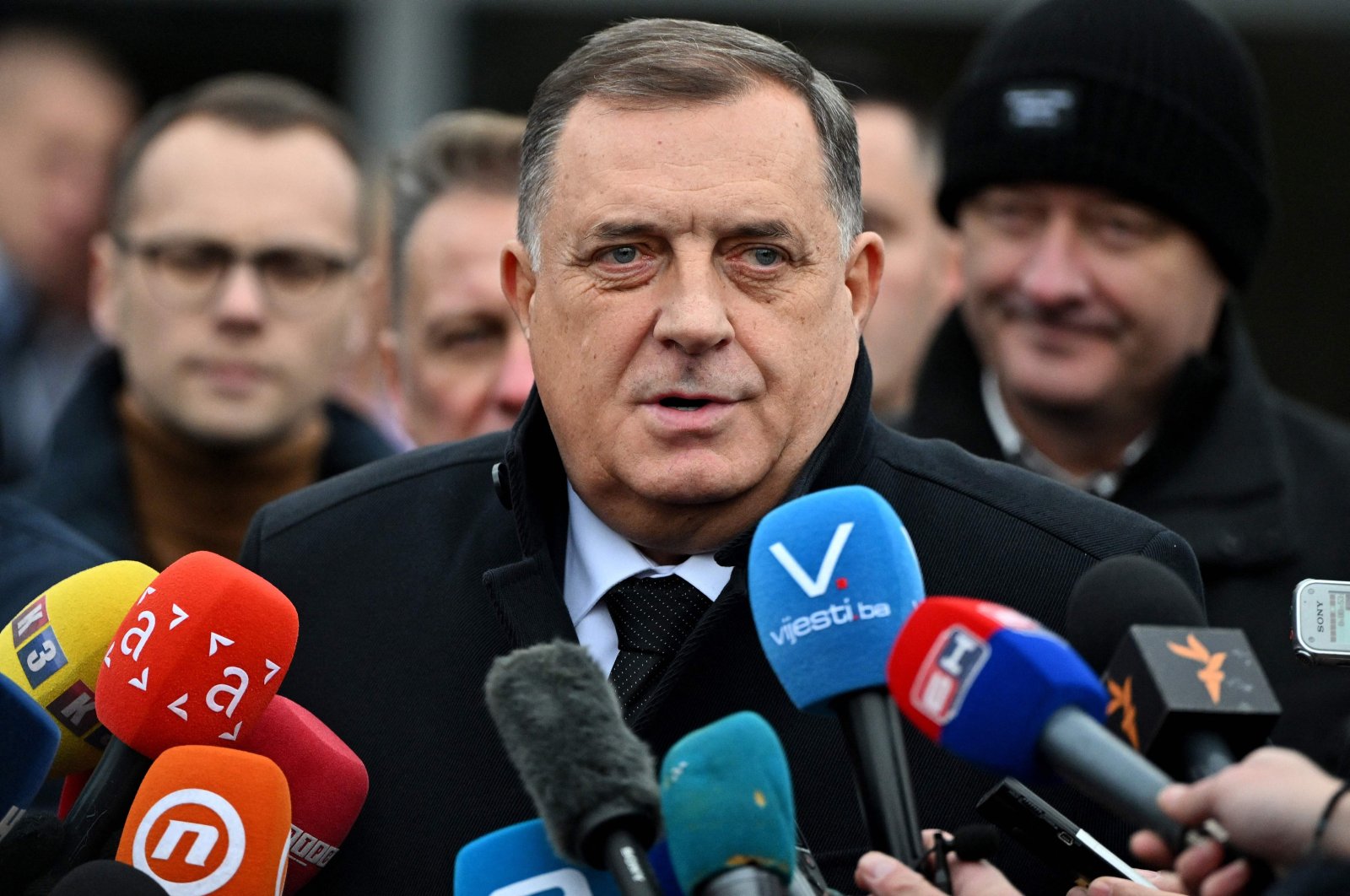 Bosnian Serb leader Milorad Dodik delivers a statement to journalists gathered in front of the courthouse of Bosnia-Herzegovina in Sarajevo on Dec. 6, 2023. (AFP File Photo)