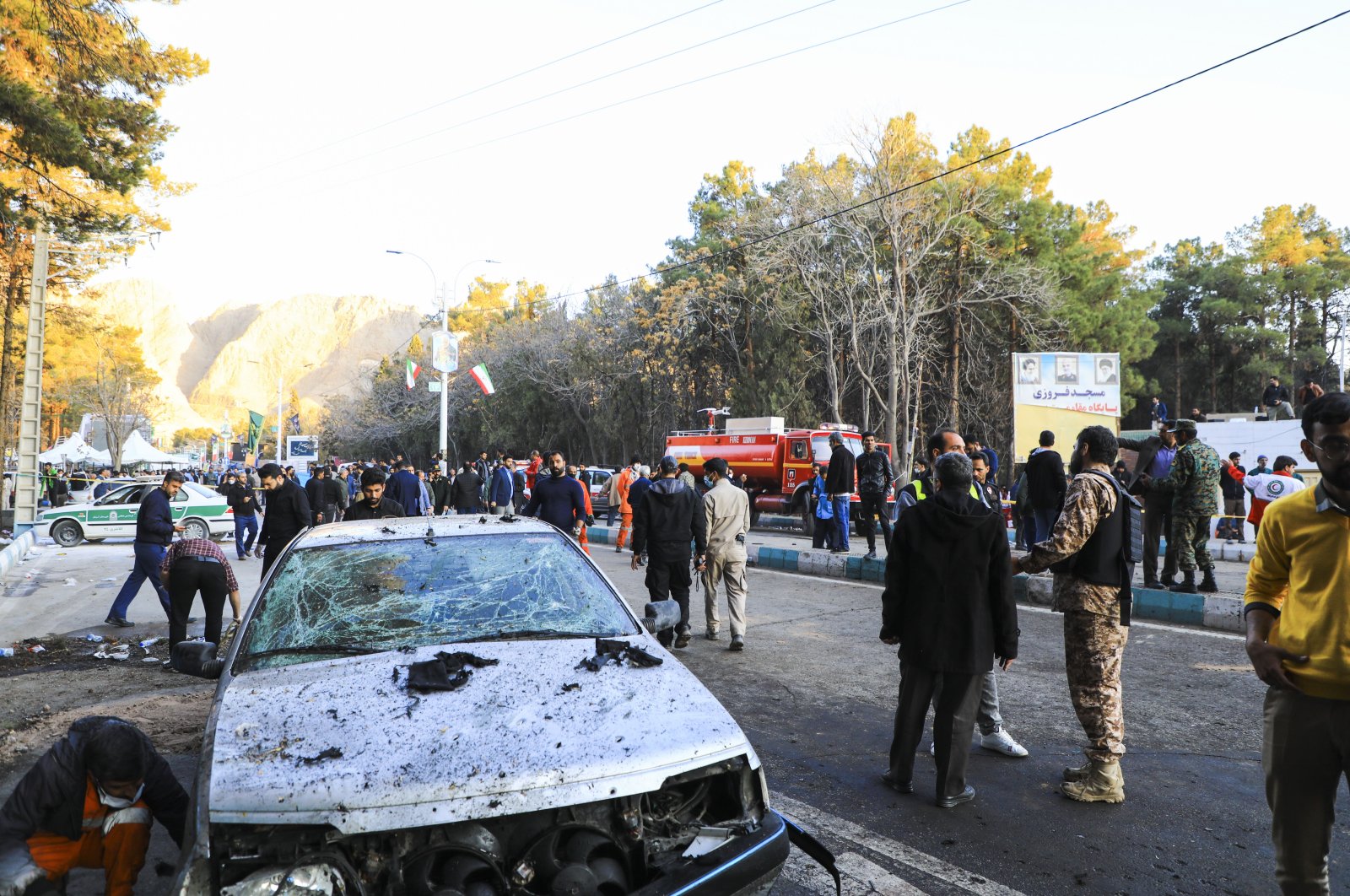 Damaged vehicles after explosions at a commemoration ceremony next to the tomb of Iran&#039;s Revolutionary Guards chief of foreign operations General Qassem Soleimani in the southern city of Kerman, Iran, Jan. 3, 2024. (EPA Photo)
