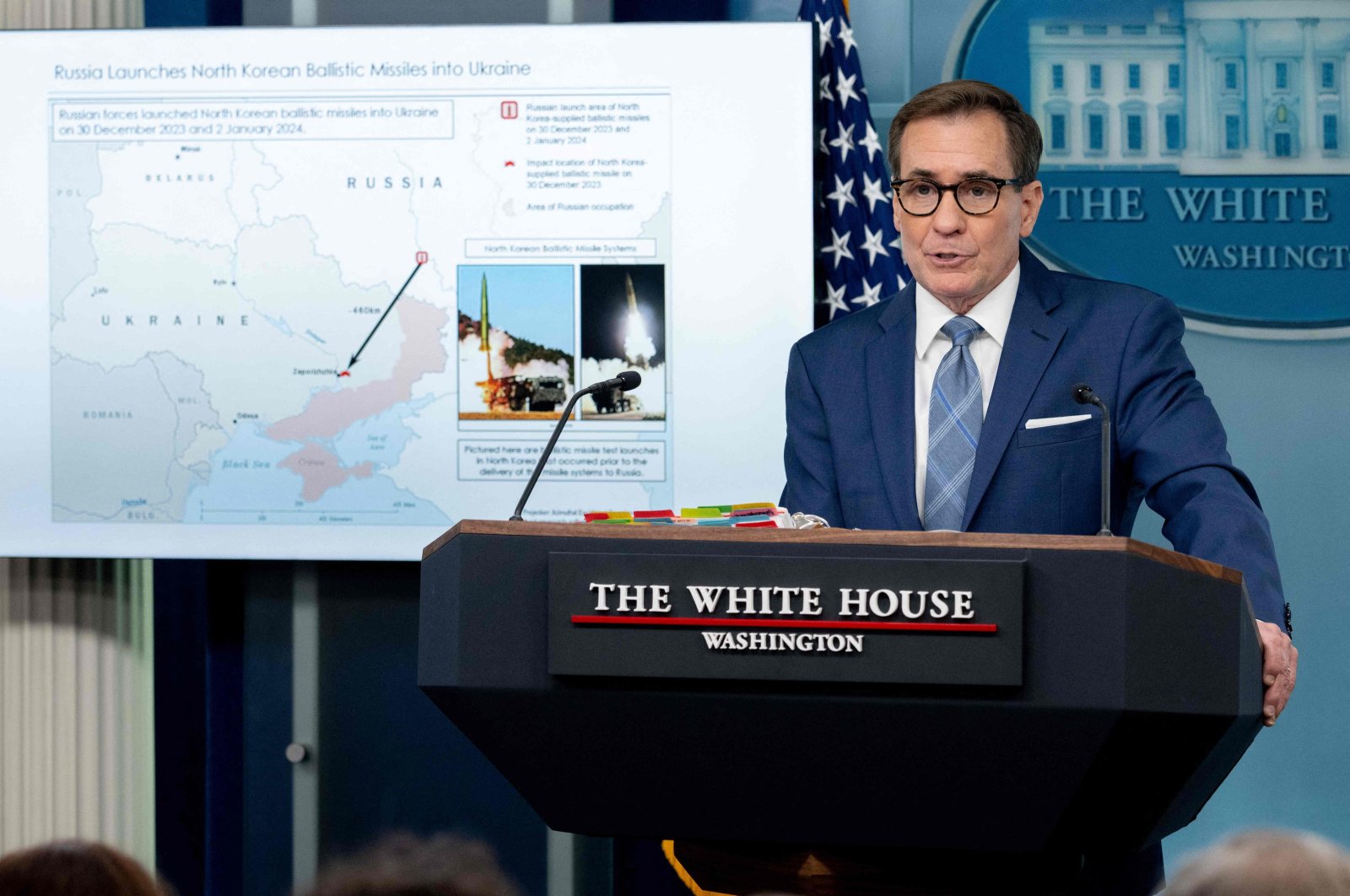National Security Council Coordinator for Strategic Communications John Kirby speaks during the daily press briefing in the Brady Briefing Room of the White House on Jan. 4, 2024. (AFP Photo)