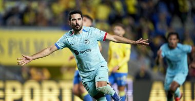 Barcelona's İlkay Gündoğan celebrates after scoring the team's second goal during the LaLiga match against Las Palmas at Estadio Gran Canaria, Las Palmas, Spain, Jan. 4, 2024. (Getty Images Photo)