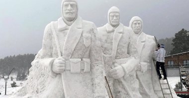 The construction of snow sculptures to be exhibited on the 109th anniversary of the Sarıkamış Campaign, Sarıkamış, Kars, Türkiye, Jan. 5, 2024. (AA Photo)