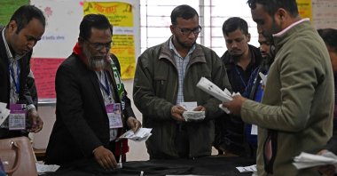 Election officials count ballot papers at a polling booth in Dhaka, Bangladesh, Jan. 7, 2024. (AFP Photo)