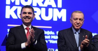 President Recep Tayyip Erdoğan stands next to Murat Kurum (L), as the latter&#039;s Istanbul mayoral candidacy is announced, Istanbul, Türkiye, Jan. 7, 2024. (DHA Photo)
