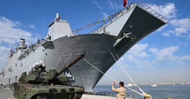 TCG Anadolu, Türkiye's biggest locally-made warship, anchored at a port, in Izmir, western Türkiye, May 3, 2023. (AA Photo) 