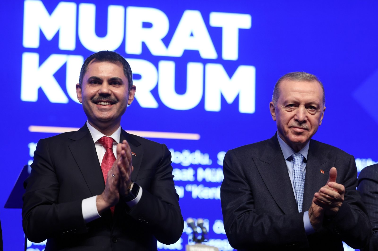 President Recep Tayyip Erdoğan stands next to Murat Kurum (L), as the latter&#039;s Istanbul mayoral candidacy is announced, Istanbul, Türkiye, Jan. 7, 2024. (DHA Photo)