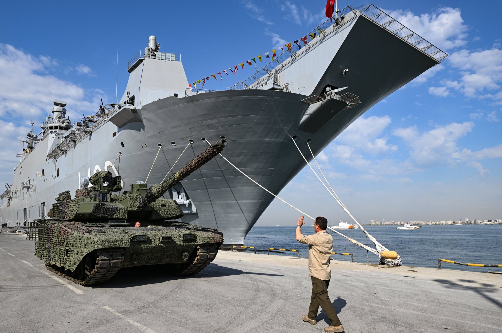 TCG Anadolu, Türkiye&#039;s biggest locally-made warship, anchored at a port, in Izmir, western Türkiye, May 3, 2023. (AA Photo) 