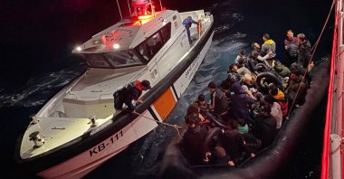 The Turkish coast guard intercepts 68 irregular migrants trying to set sail on a rubber boat off the coast of western Çanakkale province, Türkiye, Jan. 6, 2023. (AA Photo)