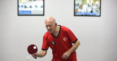 Veteran table tennis player Şenel Altun trains at the Eskişehir Veterans Table Tennis Sports Club, Eskişehir, Türkiye, Jan. 4, 2024. (AA Photo)