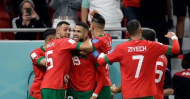 Morocco players celebrate during the  World Cup match between against Portugal at Al-Thumama Stadium, Doha, Qatar, Dec. 10, 2022. (Getty Images Photo)