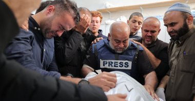 Al Jazeera&#039;s bureau chief in Gaza Wael al-Dahdouh (C) mourns his son Hamza, who was killed in an Israeli airstrike in Rafah, Gaza Strip, Palestine, Jan. 7, 2024. (AFP Photo)