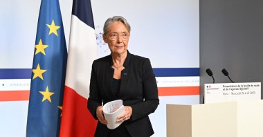 French Prime Minister Elisabeth Borne looks on during a news conference after the weekly cabinet meeting at the Elysee Presidential Palace in Paris on April 26, 2023. (AFP File Photo)