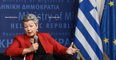 European Commissioner for Home Affairs Ylva Johansson talks during a panel discussing the details of a preliminary EU agreement on migration management at the Ministry of Migration and Asylum in Athens, Greece, Jan. 8, 2024. (AFP Photo)