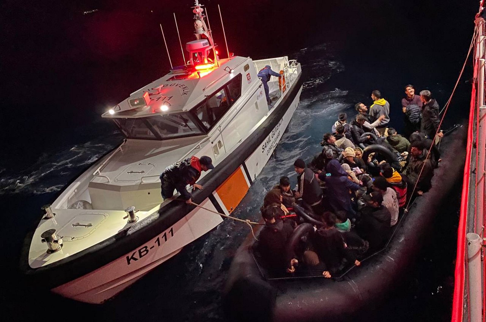 The Turkish coast guard intercepts 68 irregular migrants trying to set sail on a rubber boat off the coast of western Çanakkale province, Türkiye, Jan. 6, 2023. (AA Photo)