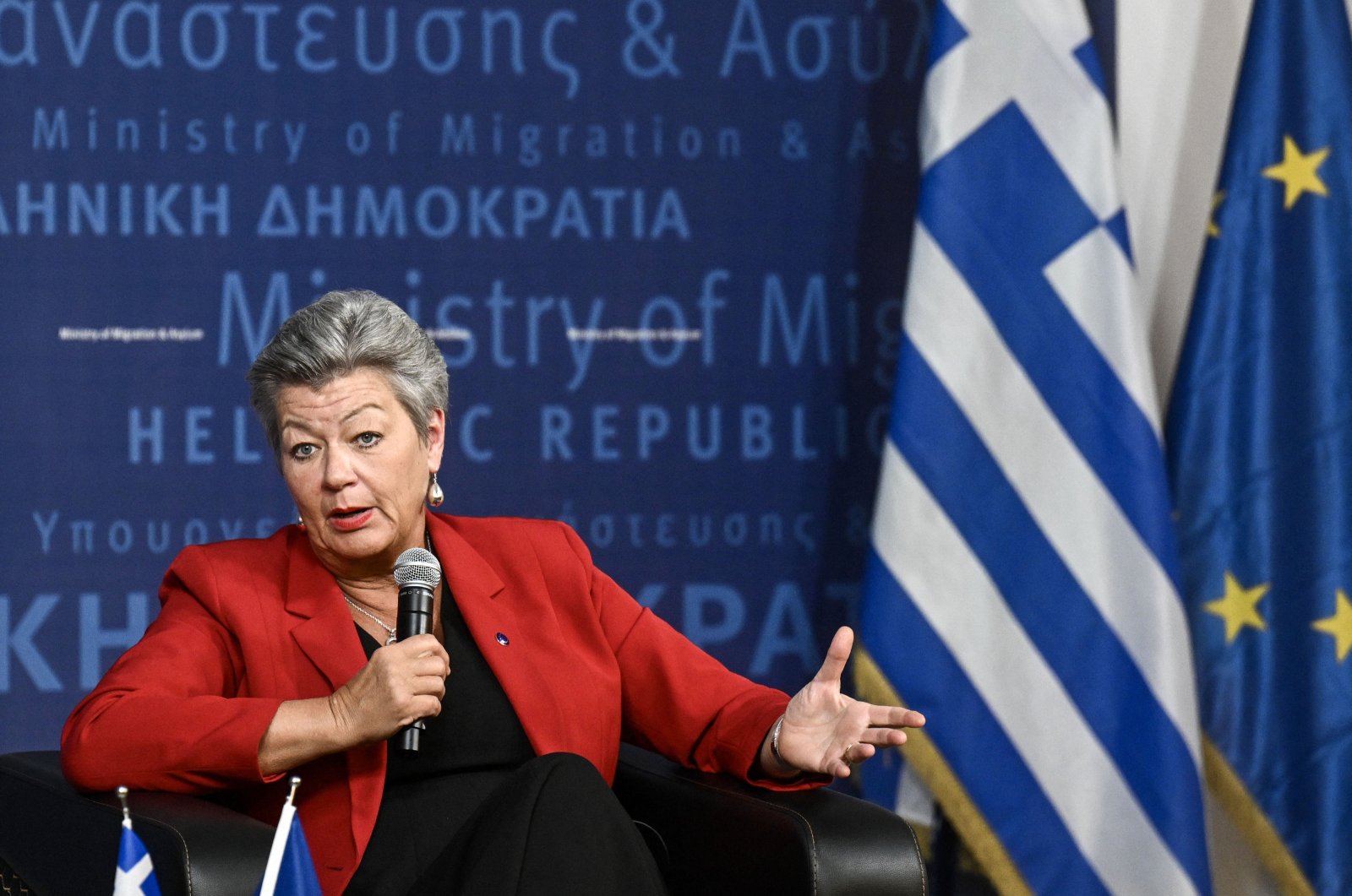 European Commissioner for Home Affairs Ylva Johansson talks during a panel discussing the details of a preliminary EU agreement on migration management at the Ministry of Migration and Asylum in Athens, Greece, Jan. 8, 2024. (AFP Photo)
